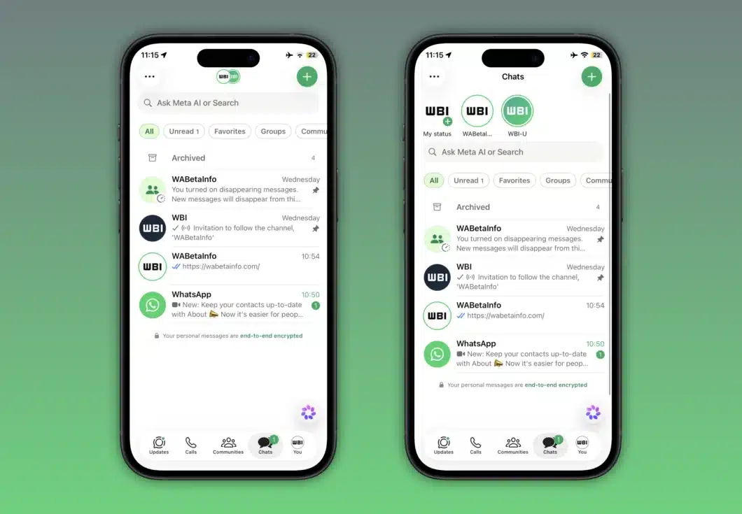 Wa whatsapp status at the top of the chats tab feature ios 1060×735 1