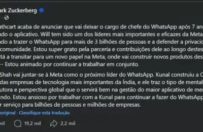 Pronunciamento mark zuckerberg nova gestao whatsapp