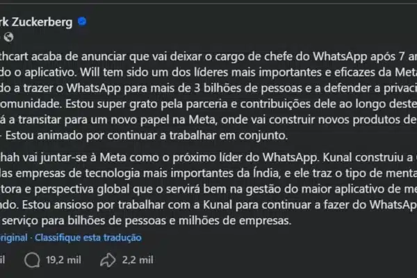 Pronunciamento mark zuckerberg nova gestao whatsapp