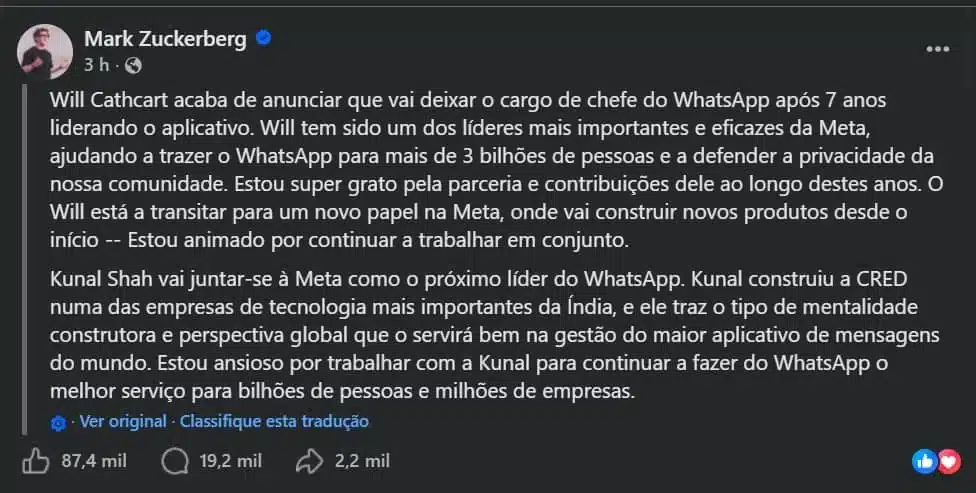 Pronunciamento mark zuckerberg nova gestao whatsapp