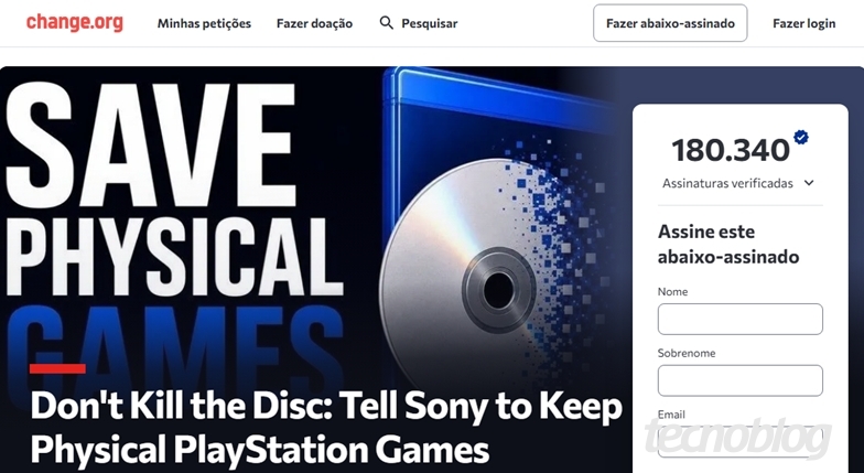 Sony midia fisica abaixo assinado